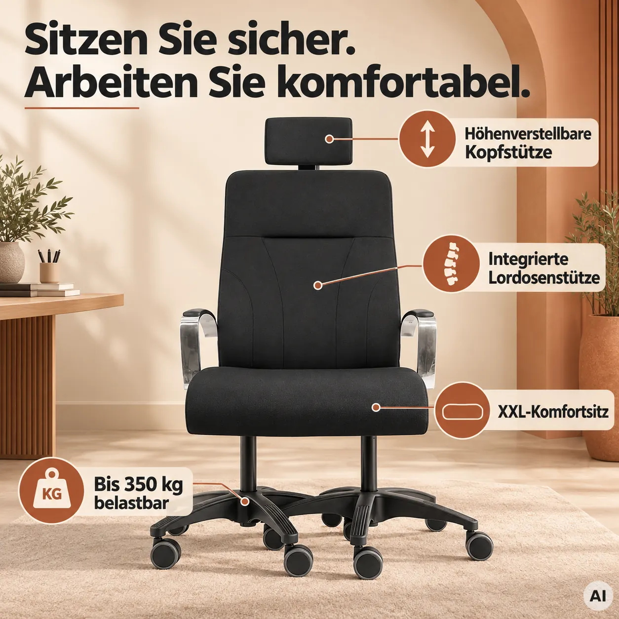 EXA Hochlehner mit Kopfstütze - Ergonomischer XXL-Bürostuhl